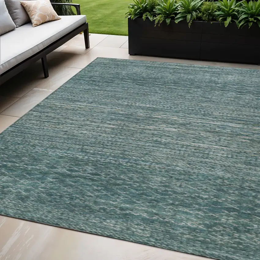 Teal Blue And Ivory Striped Washable Indoor Outdoor Area Rug Photo 2