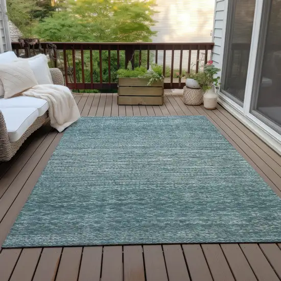 Teal Blue And Ivory Striped Washable Indoor Outdoor Area Rug Photo 4