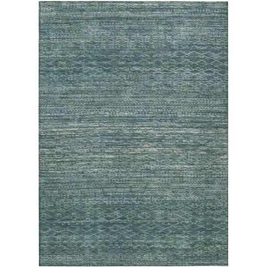 Teal Blue And Ivory Striped Washable Indoor Outdoor Area Rug Photo 1