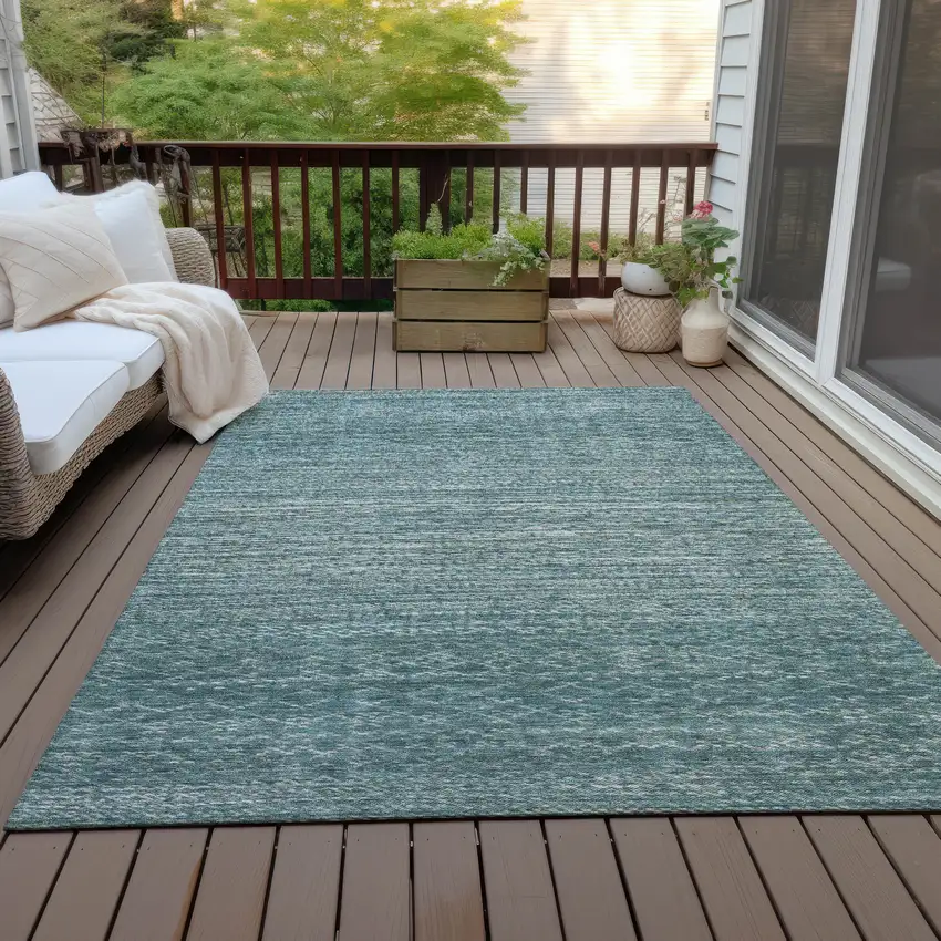 Teal Blue And Ivory Striped Washable Indoor Outdoor Area Rug Photo 4