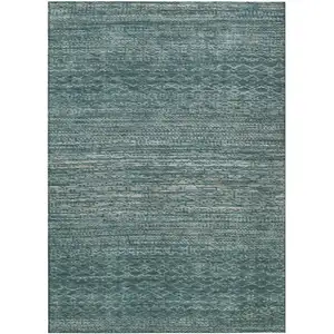 Photo of Teal Blue And Ivory Striped Washable Indoor Outdoor Area Rug