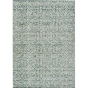 Photo of Teal Blue And Ivory Striped Washable Indoor Outdoor Area Rug
