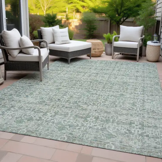 Teal Blue And Ivory Striped Washable Indoor Outdoor Area Rug Photo 8