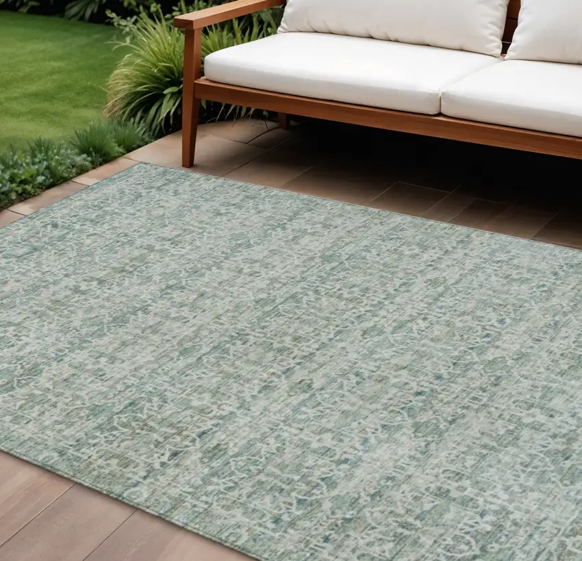 Teal Blue And Ivory Striped Washable Indoor Outdoor Area Rug Photo 2