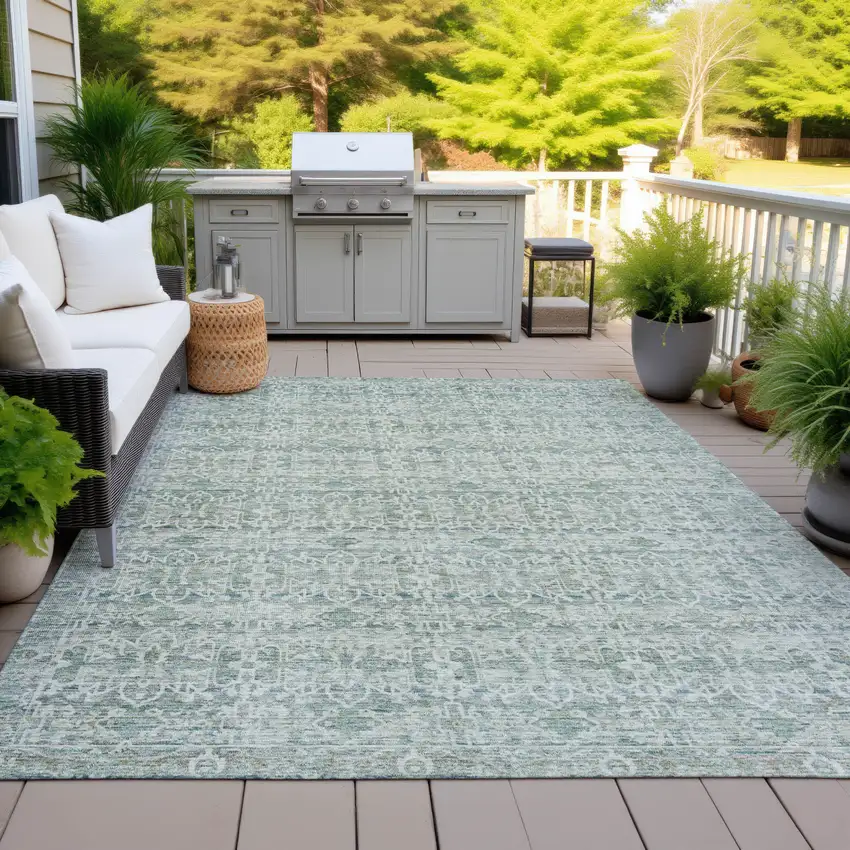 Teal Blue And Ivory Striped Washable Indoor Outdoor Area Rug Photo 4