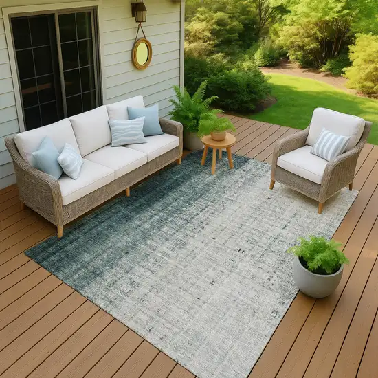 Teal Blue And Ivory Striped Washable Indoor Outdoor Area Rug Photo 5