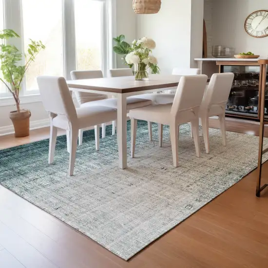 Teal Blue And Ivory Striped Washable Indoor Outdoor Area Rug Photo 7