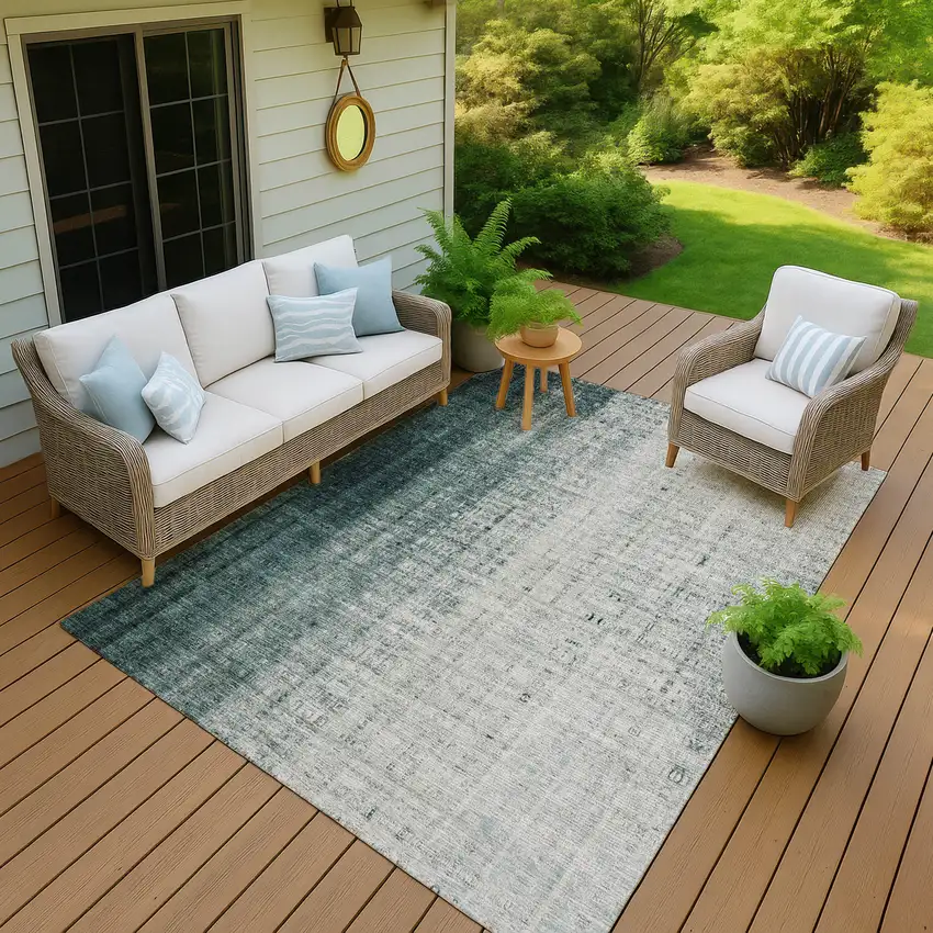 Teal Blue And Ivory Striped Washable Indoor Outdoor Area Rug Photo 5