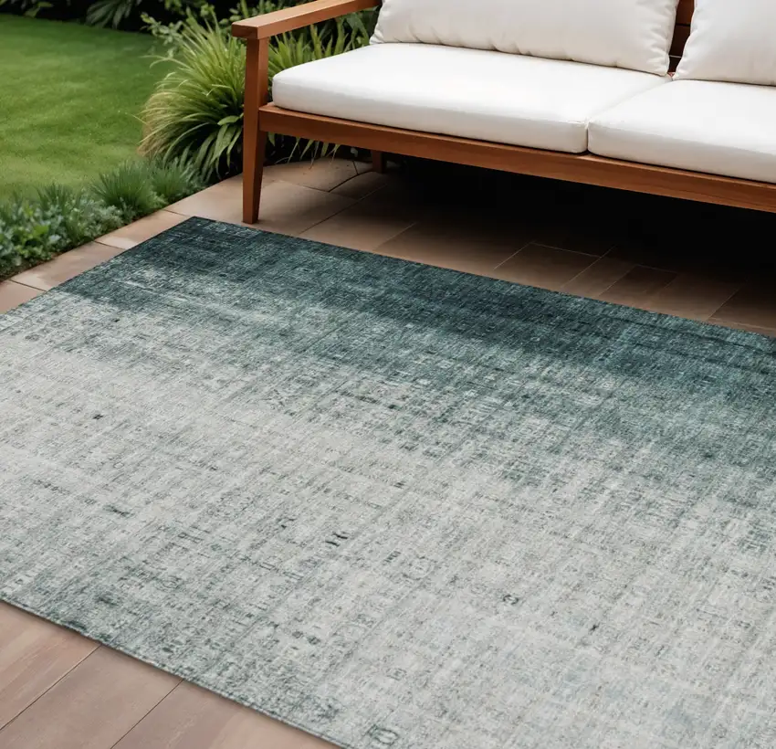 Teal Blue And Ivory Striped Washable Indoor Outdoor Area Rug Photo 1