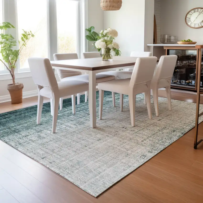 Teal Blue And Ivory Striped Washable Indoor Outdoor Area Rug Photo 7