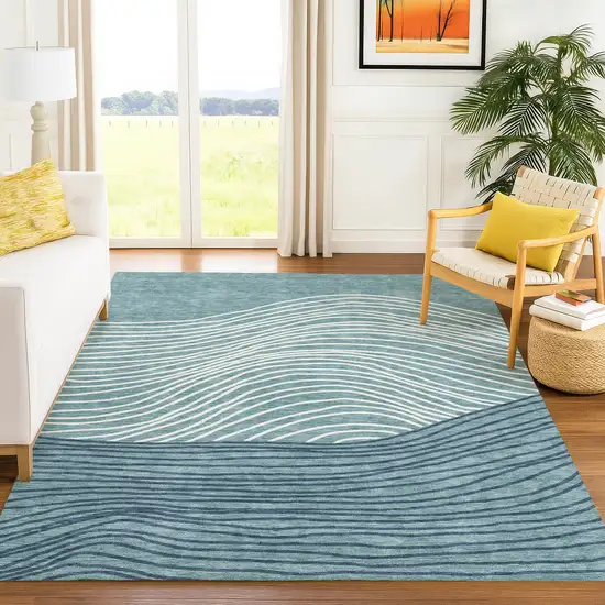 Teal Blue And Ivory Striped Washable Indoor Outdoor Area Rug Photo 9