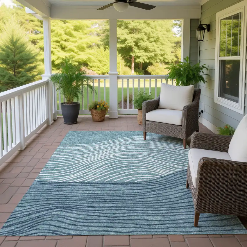 Teal Blue And Ivory Striped Washable Indoor Outdoor Area Rug Photo 9