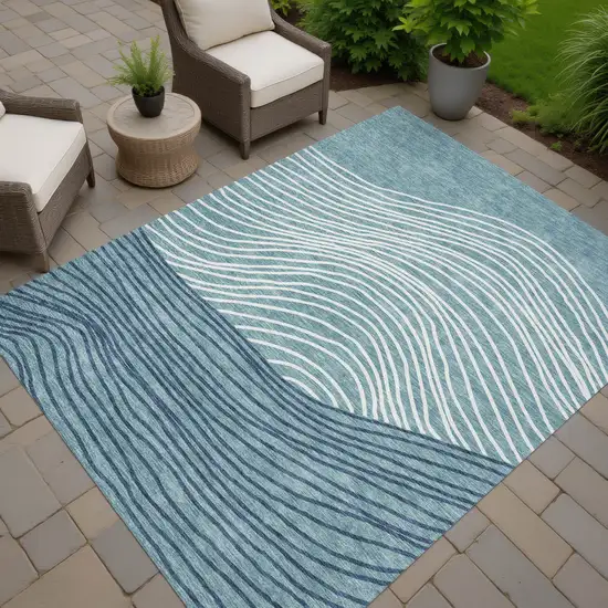 Teal Blue And Ivory Striped Washable Indoor Outdoor Area Rug Photo 7