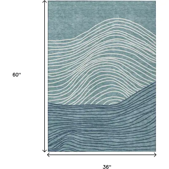 Teal Blue And Ivory Striped Washable Indoor Outdoor Area Rug Photo 3