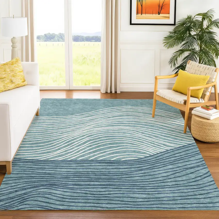 Teal Blue And Ivory Striped Washable Indoor Outdoor Area Rug Photo 9