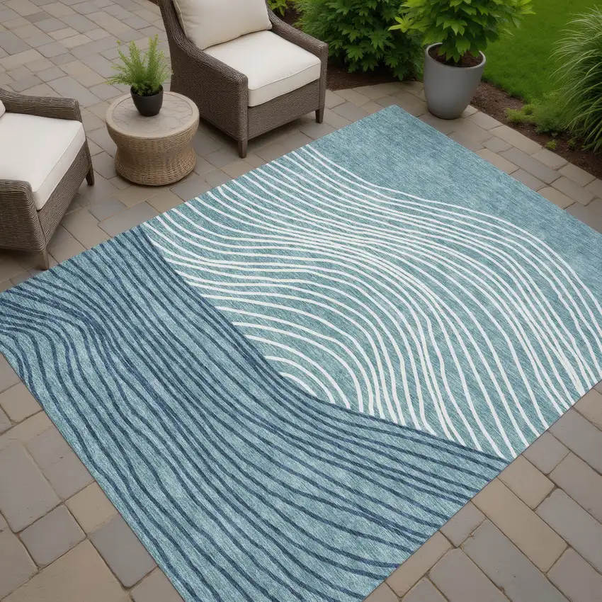 Teal Blue And Ivory Striped Washable Indoor Outdoor Area Rug Photo 7