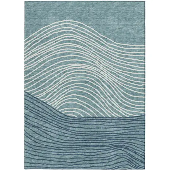 Teal Blue And Ivory Striped Washable Indoor Outdoor Area Rug Photo 4