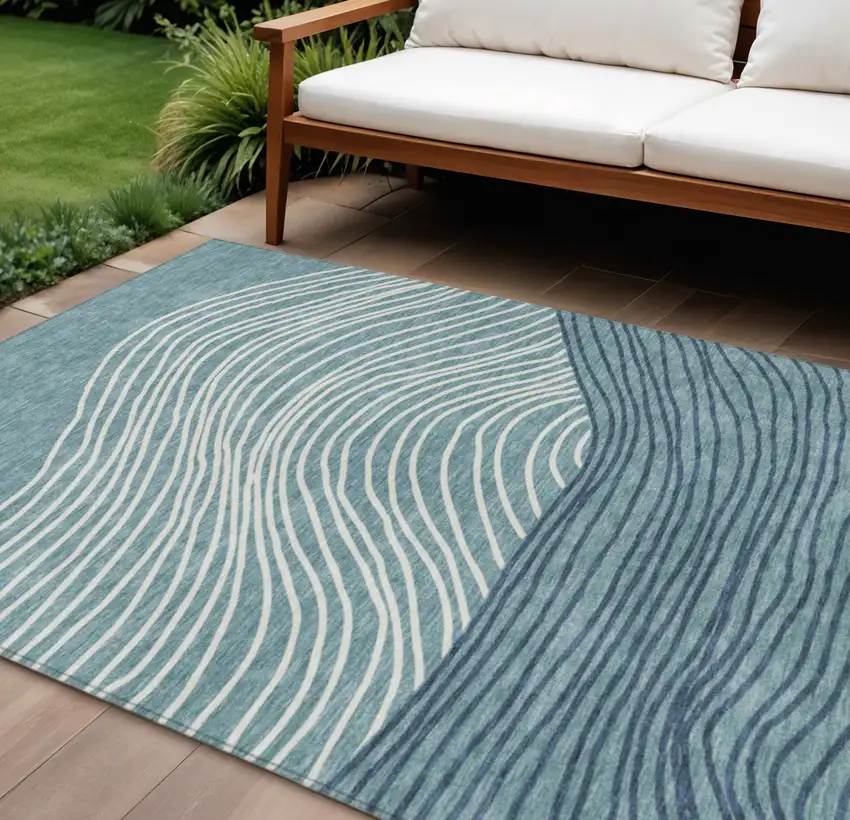 Teal Blue And Ivory Striped Washable Indoor Outdoor Area Rug Photo 1
