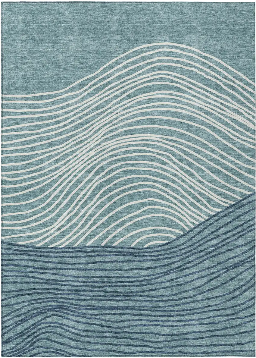 Teal Blue And Ivory Striped Washable Indoor Outdoor Area Rug Photo 2