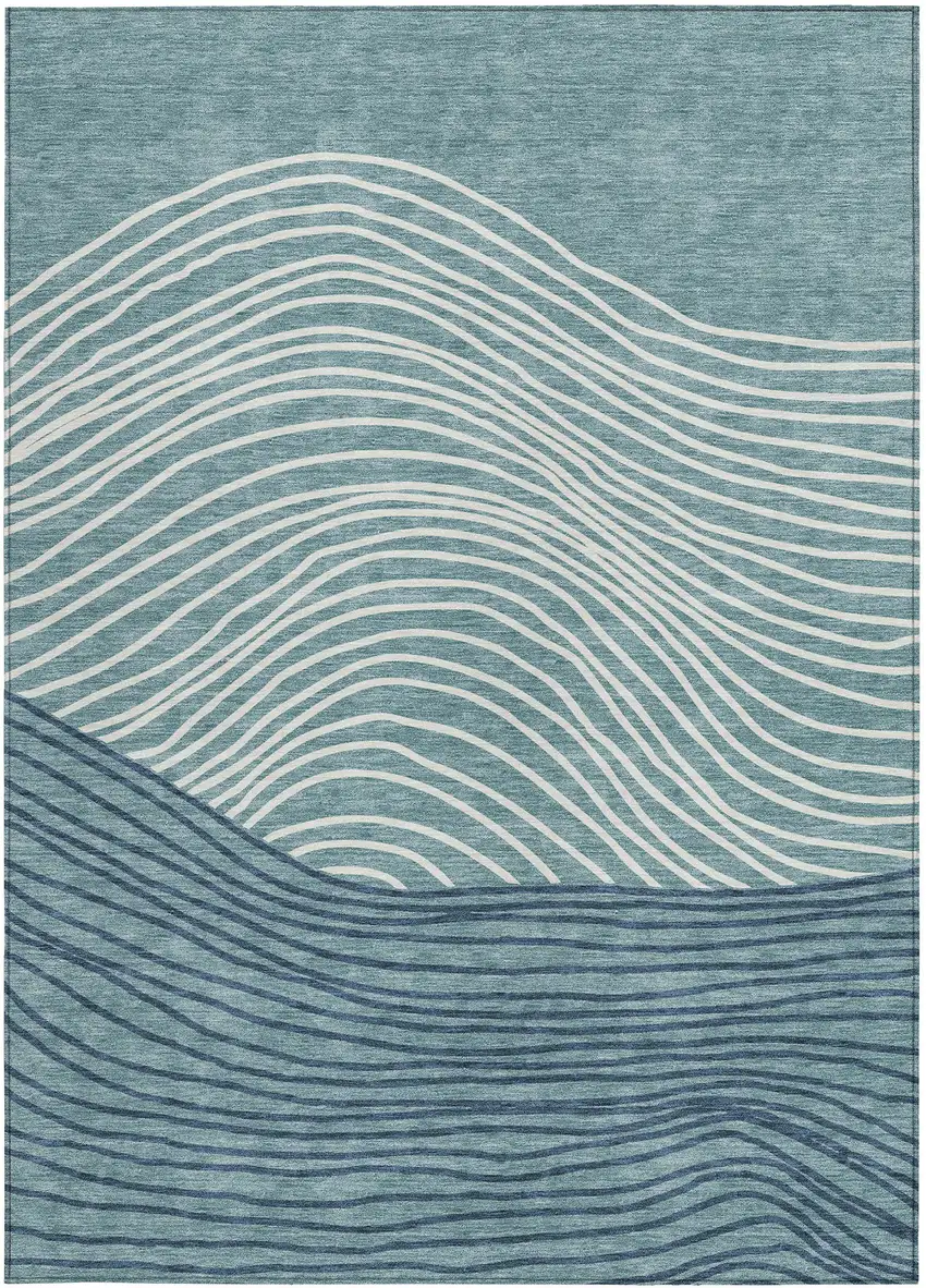 Teal Blue And Ivory Striped Washable Indoor Outdoor Area Rug Photo 4