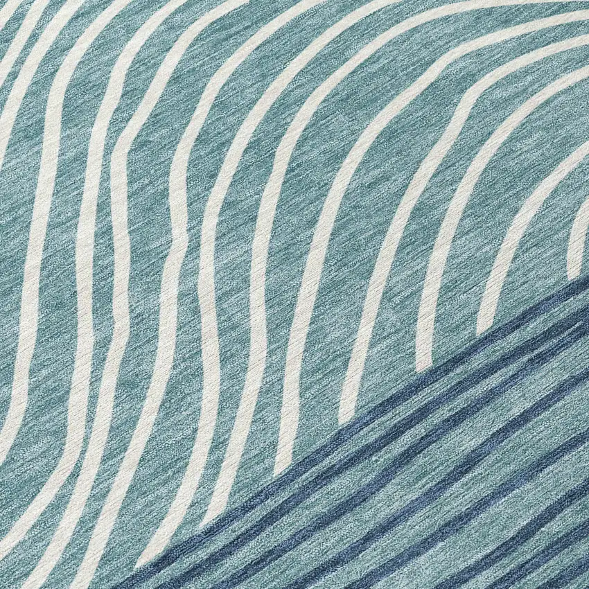 Teal Blue And Ivory Striped Washable Indoor Outdoor Area Rug Photo 7