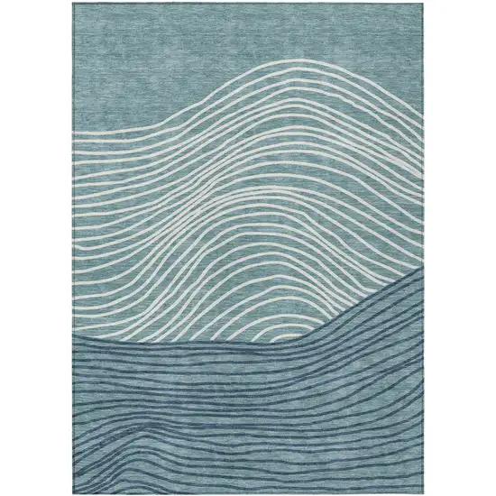 Teal Blue And Ivory Striped Washable Indoor Outdoor Area Rug Photo 2
