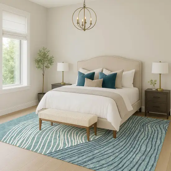 Teal Blue And Ivory Striped Washable Indoor Outdoor Area Rug Photo 8