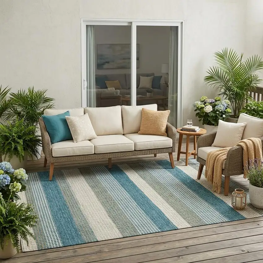 Teal Blue And Ivory Striped Washable Indoor Outdoor Area Rug Photo 1