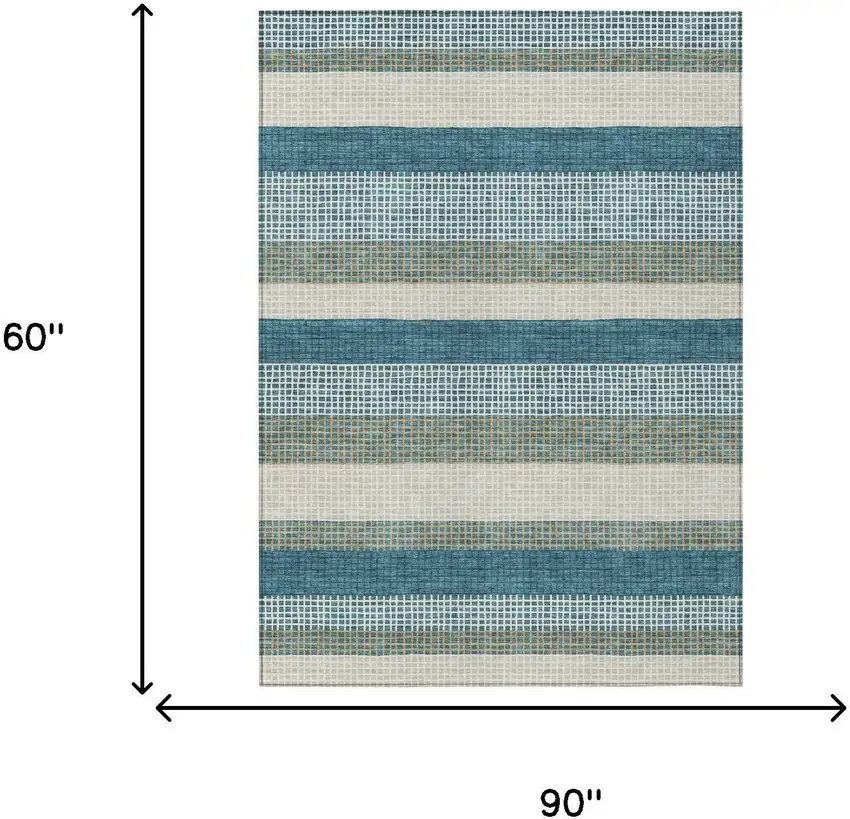 Teal Blue And Ivory Striped Washable Indoor Outdoor Area Rug Photo 7