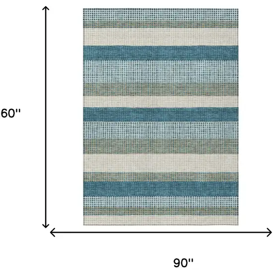 Teal Blue And Ivory Striped Washable Indoor Outdoor Area Rug Photo 7