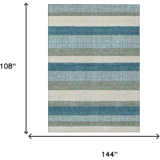 Teal Blue And Ivory Striped Washable Indoor Outdoor Area Rug Photo 7