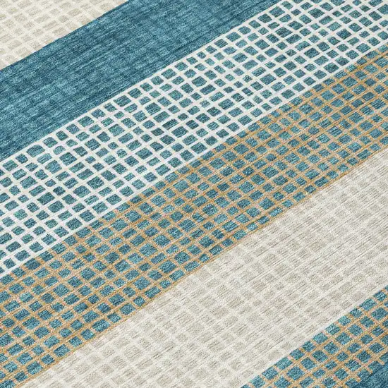 Teal Blue And Ivory Striped Washable Indoor Outdoor Area Rug Photo 6