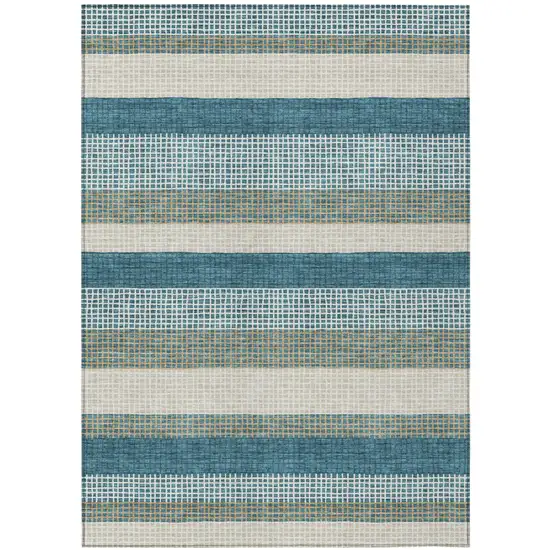 Teal Blue And Ivory Striped Washable Indoor Outdoor Area Rug Photo 2
