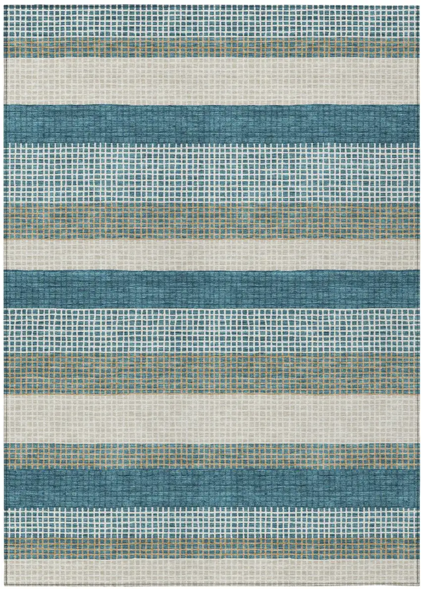 Teal Blue And Ivory Striped Washable Indoor Outdoor Area Rug Photo 2