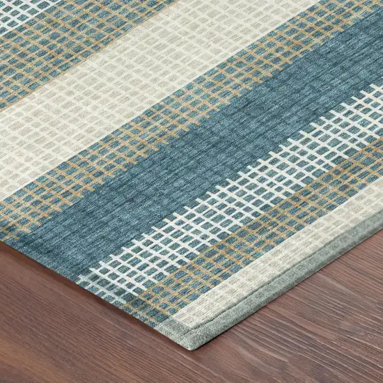 Teal Blue And Ivory Striped Washable Indoor Outdoor Area Rug Photo 5