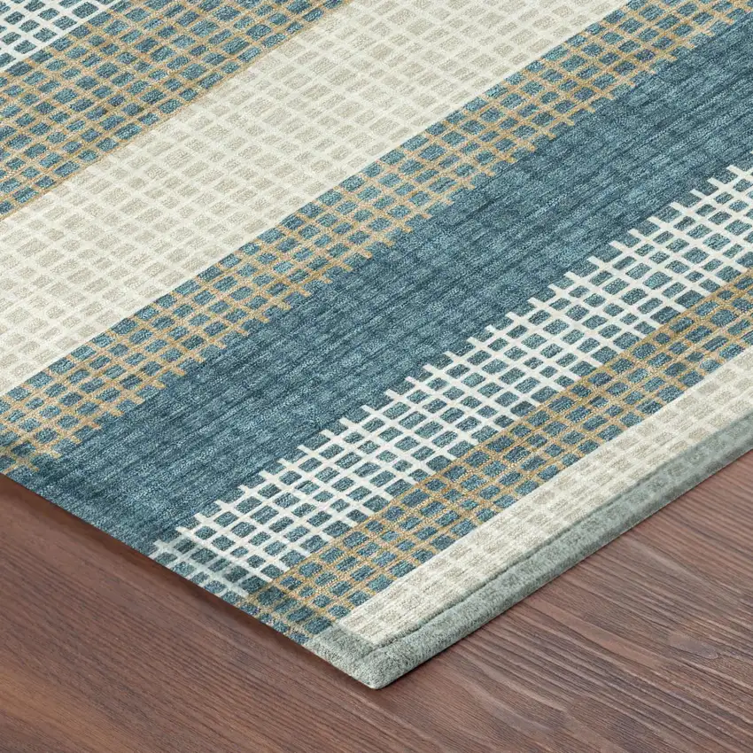 Teal Blue And Ivory Striped Washable Indoor Outdoor Area Rug Photo 5