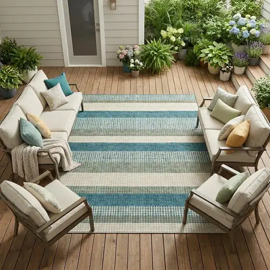 Teal Blue And Ivory Striped Washable Indoor Outdoor Area Rug Photo 1