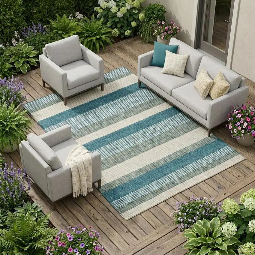 Teal Blue And Ivory Striped Washable Indoor Outdoor Area Rug Photo 1