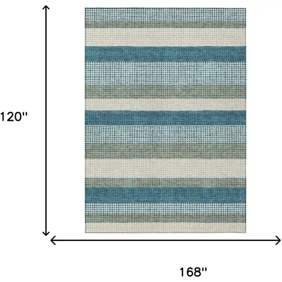 Teal Blue And Ivory Striped Washable Indoor Outdoor Area Rug Photo 7