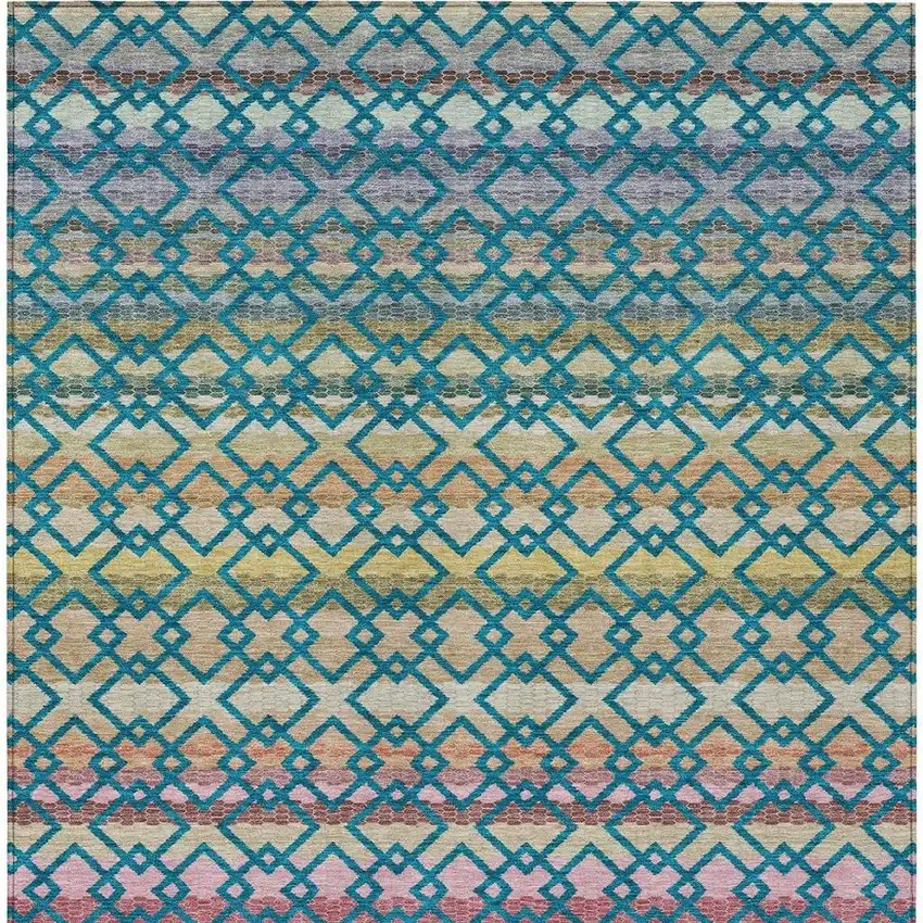 Teal Blue And Ivory Striped Washable Indoor Outdoor Area Rug Photo 4