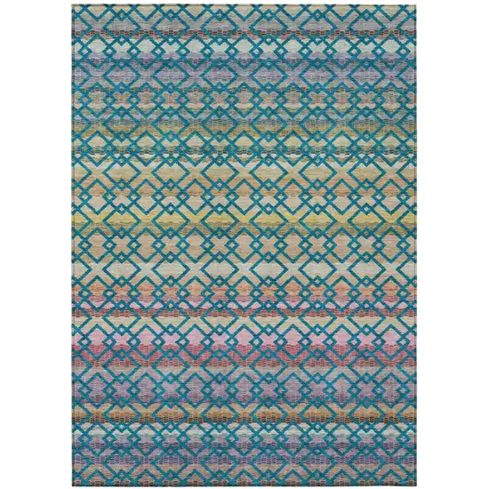 Teal Blue And Ivory Striped Washable Indoor Outdoor Area Rug Photo 2