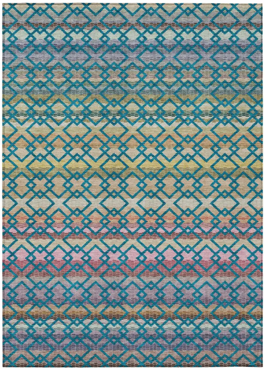 Teal Blue And Ivory Striped Washable Indoor Outdoor Area Rug Photo 2