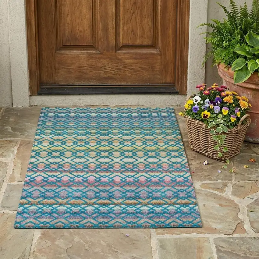 Teal Blue And Ivory Striped Washable Indoor Outdoor Area Rug Photo 1
