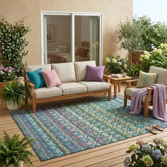 Teal Blue And Ivory Striped Washable Indoor Outdoor Area Rug Photo 1