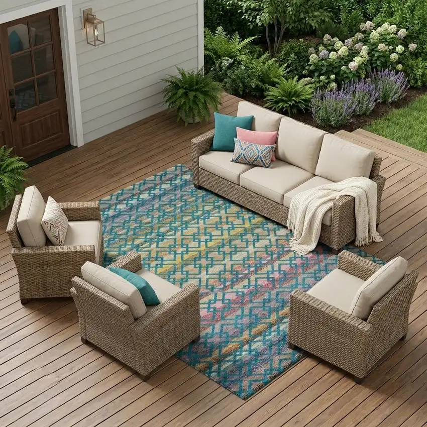 Teal Blue And Ivory Striped Washable Indoor Outdoor Area Rug Photo 1