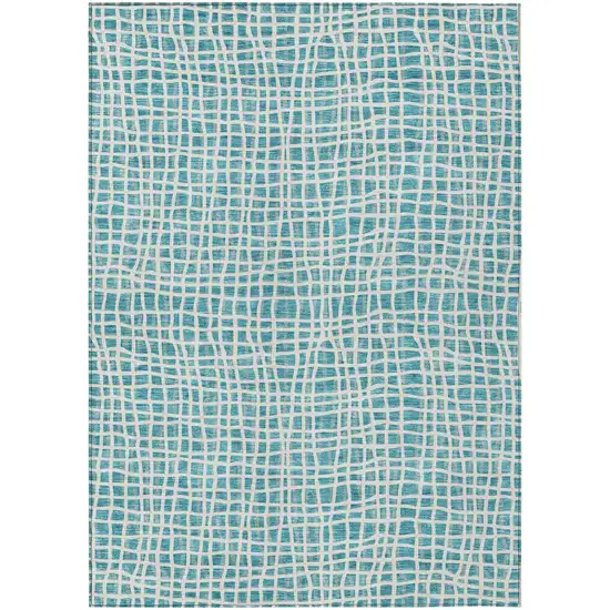 Teal Blue And Ivory Striped Washable Indoor Outdoor Area Rug Photo 1
