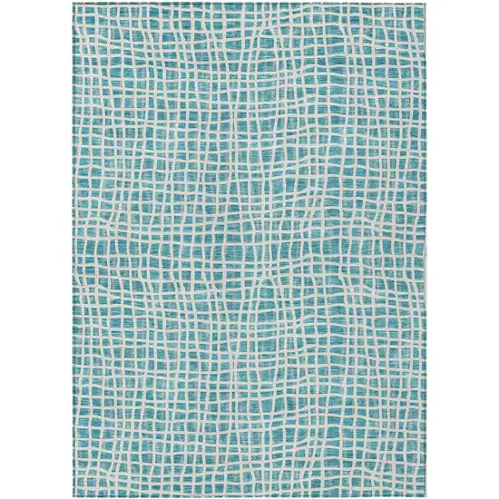 Teal Blue And Ivory Striped Washable Indoor Outdoor Area Rug Photo 1