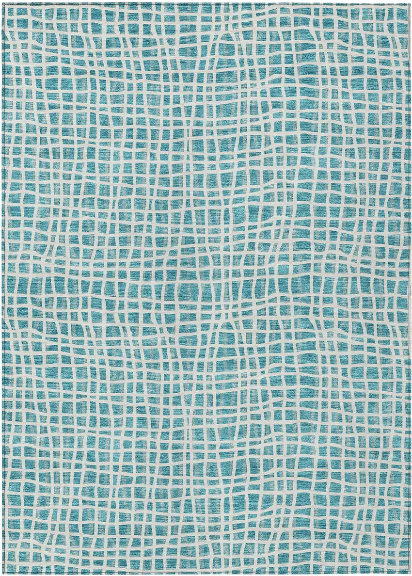Teal Blue And Ivory Striped Washable Indoor Outdoor Area Rug Photo 1