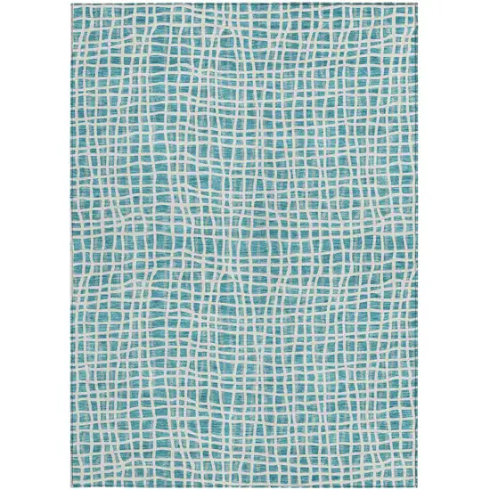 Teal Blue And Ivory Striped Washable Indoor Outdoor Area Rug Photo 5
