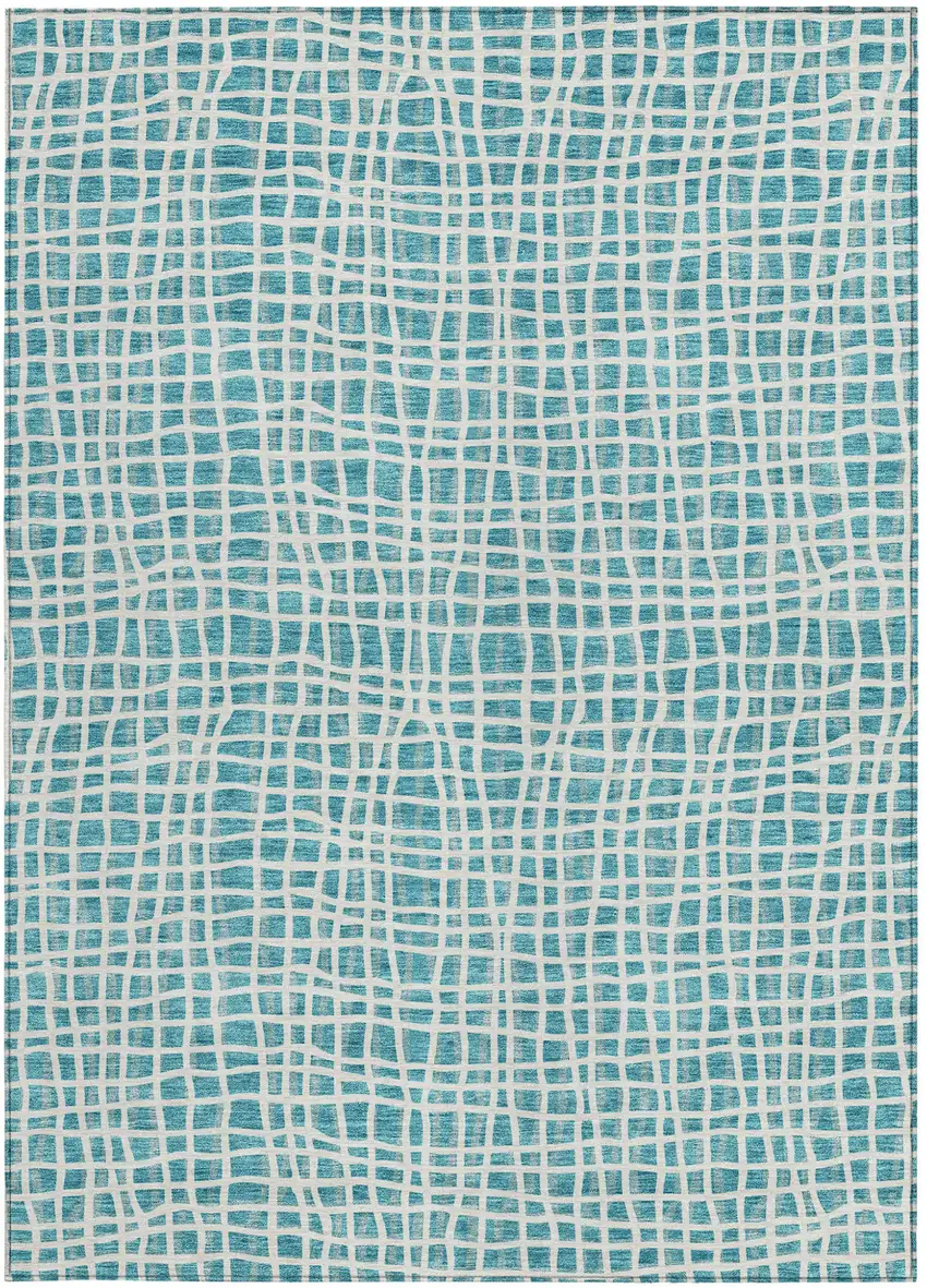 Teal Blue And Ivory Striped Washable Indoor Outdoor Area Rug Photo 5